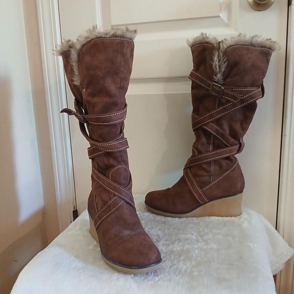 Y2K Vintage Mcbling Diba Brown Faux Suede Knee High Wedge Boots Indie Bratzcore